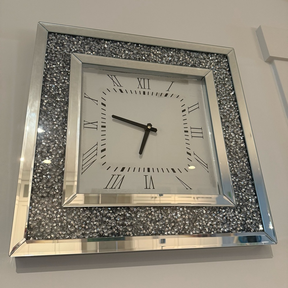 Clock diamonds mirrored shiny sparkly Glam Mirrored Square Wall Clock - Silver